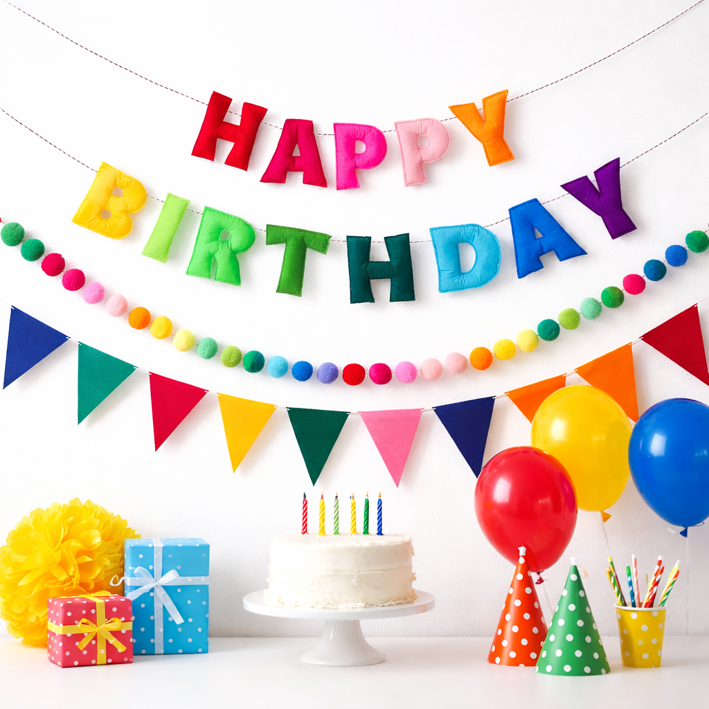 Happy Birthday Banner Pre-Strung Felt Birthday Banner with Rainbow Felt Ball Garland, Reusable Happy Birthday Decorations for Party & Room Decor, Birthday Party Decorations for Women Men Boys Girls