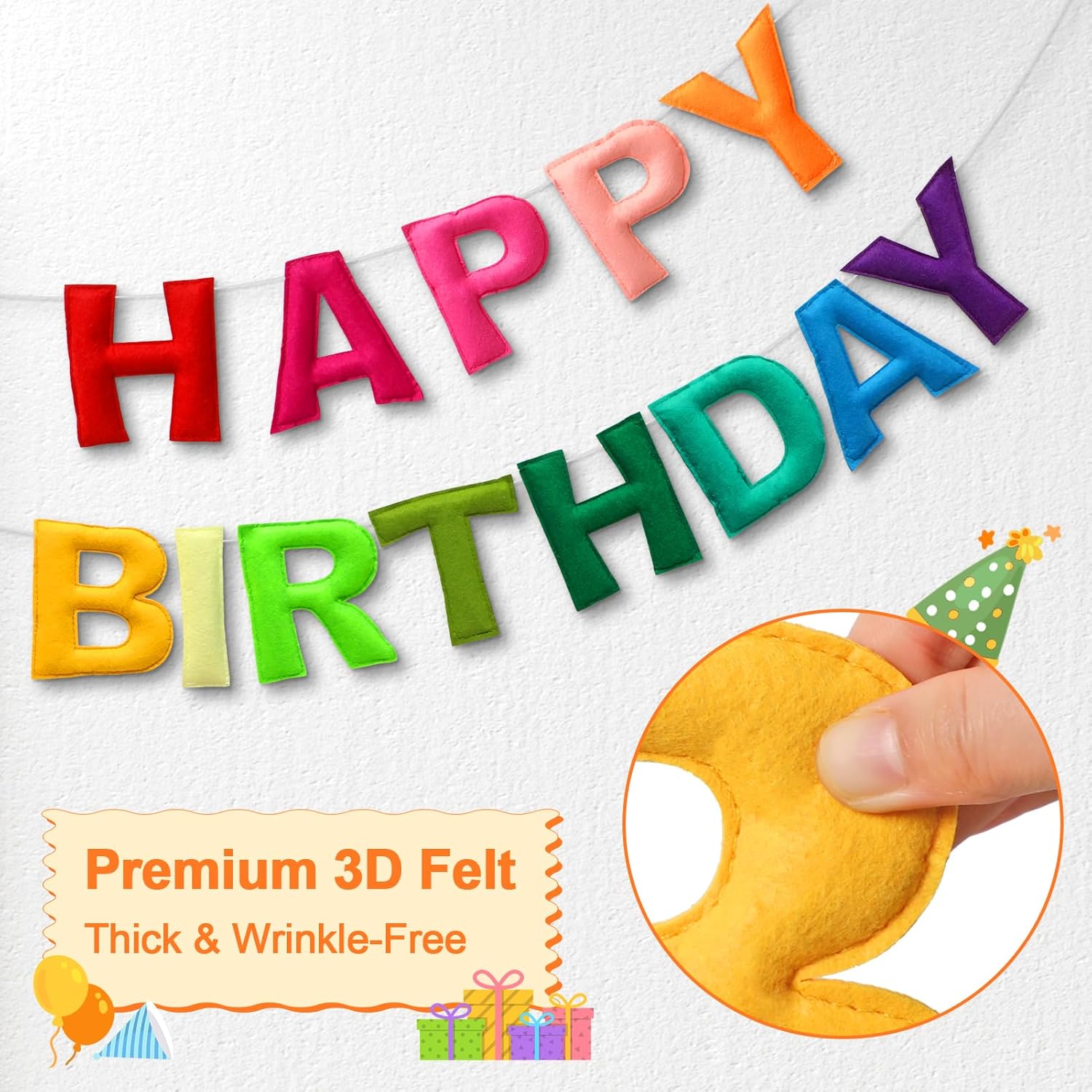 Happy Birthday Banner Pre-Strung Felt Birthday Banner with Rainbow Felt Ball Garland, Reusable Happy Birthday Decorations for Party & Room Decor, Birthday Party Decorations for Women Men Boys Girls - image 3