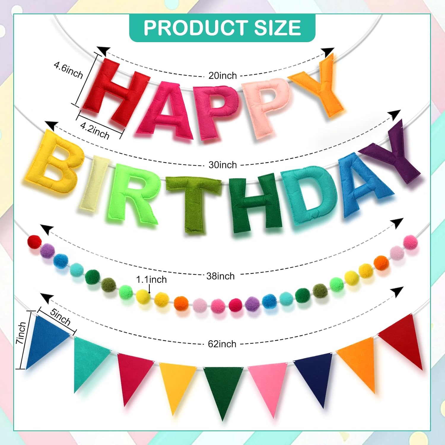 Happy Birthday Banner Pre-Strung Felt Birthday Banner with Rainbow Felt Ball Garland, Reusable Happy Birthday Decorations for Party & Room Decor, Birthday Party Decorations for Women Men Boys Girls - image 7