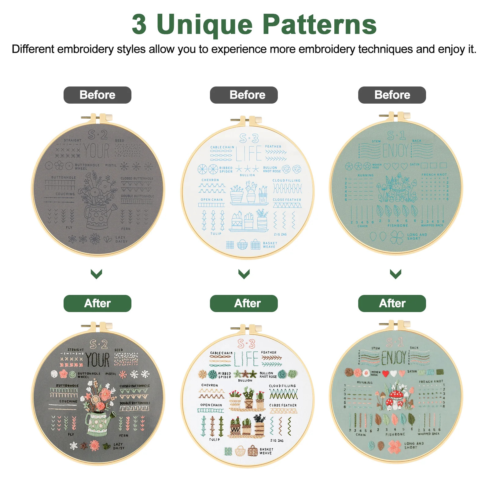 Sets Embroidery Kit for Beginners Adults – Learn 34 Basic Stitches, Hand Embroidery & Needlepoint Cross Stitch Kit with Patterns, Hoop, Threads & Tools - image 2
