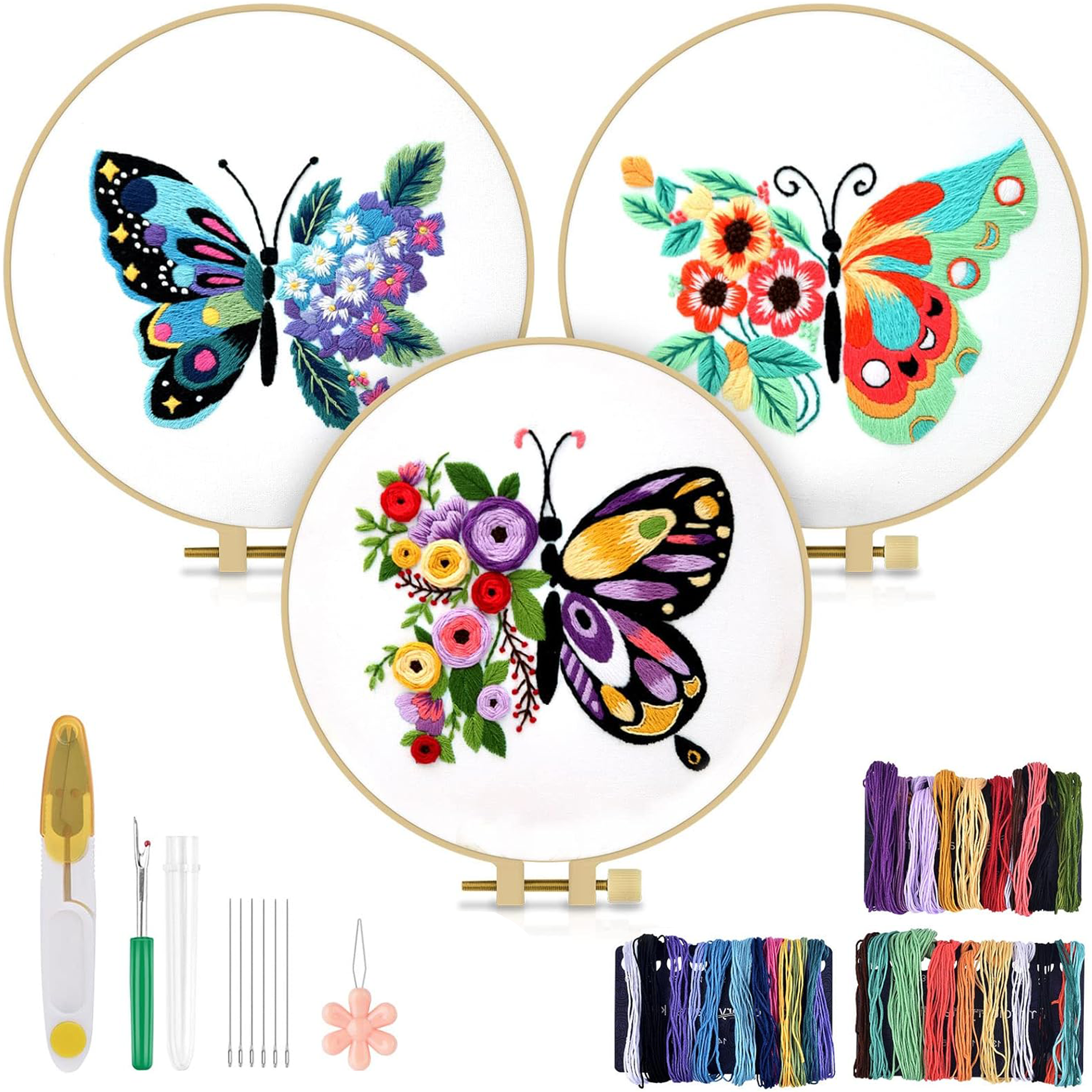 3 Pack Butterfly Embroidery kit for Beginners to Advanced, Floral Hand Embroidery & Cross Stitch mini Tool Kit with Stamped Patterns, Hoop