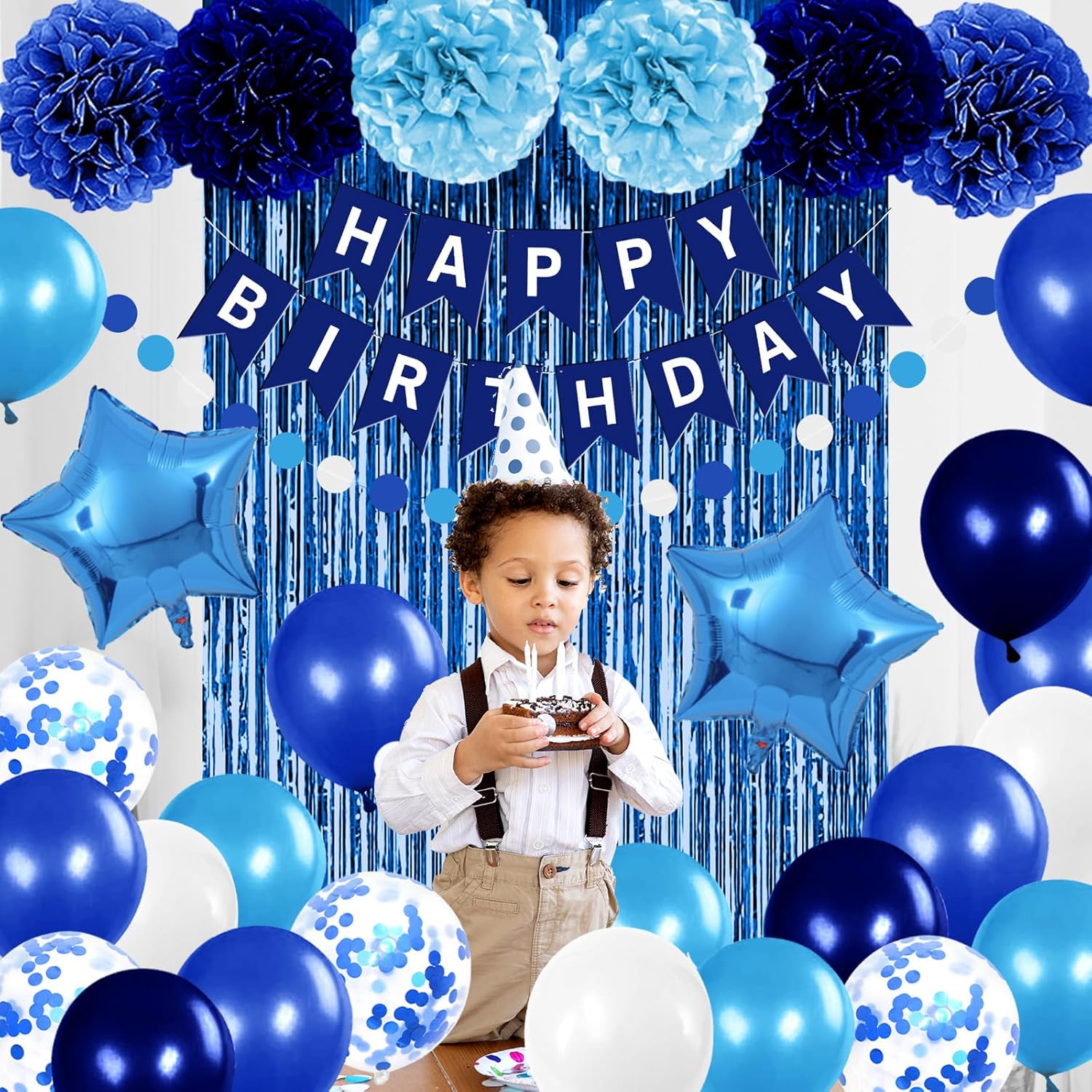 Blue Birthday Decorations Set for Boys & Men – Happy Birthday Banner, 30 Balloons, Navy & Light Blue Pom Poms, Foil Fringe Curtain Backdrop & Party Décor Kit for All Age Milestone Celebrations - image 3