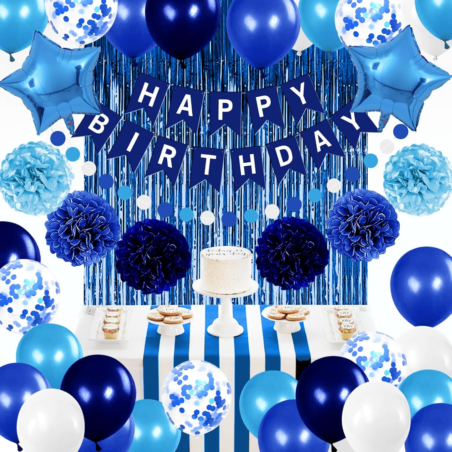 Blue Birthday Decorations Set for Boys & Men – Happy Birthday Banner, 30 Balloons, Navy & Light Blue Pom Poms, Foil Fringe Curtain Backdrop & Party Décor Kit for All Age Milestone Celebrations - image 10